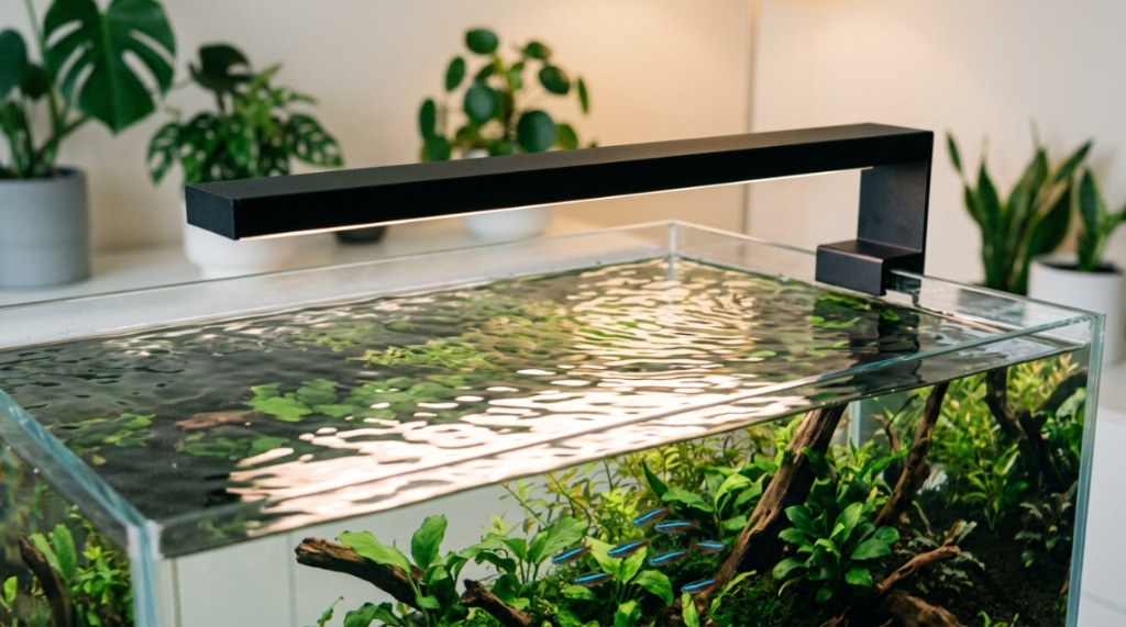 Modern slim LED light fixture mounted on a rimless freshwater glass tank.
