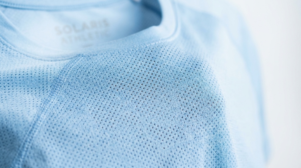 Woman wearing a loose blue cooling UV shirt while walking outside.