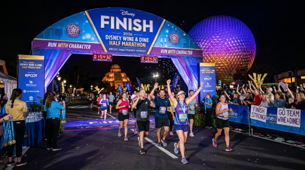 Runners crossing the finish line at the Disney Wine and Dine Half Marathon 2026 inside EPCOT at Walt Disney World Resort in Orlando, Florida