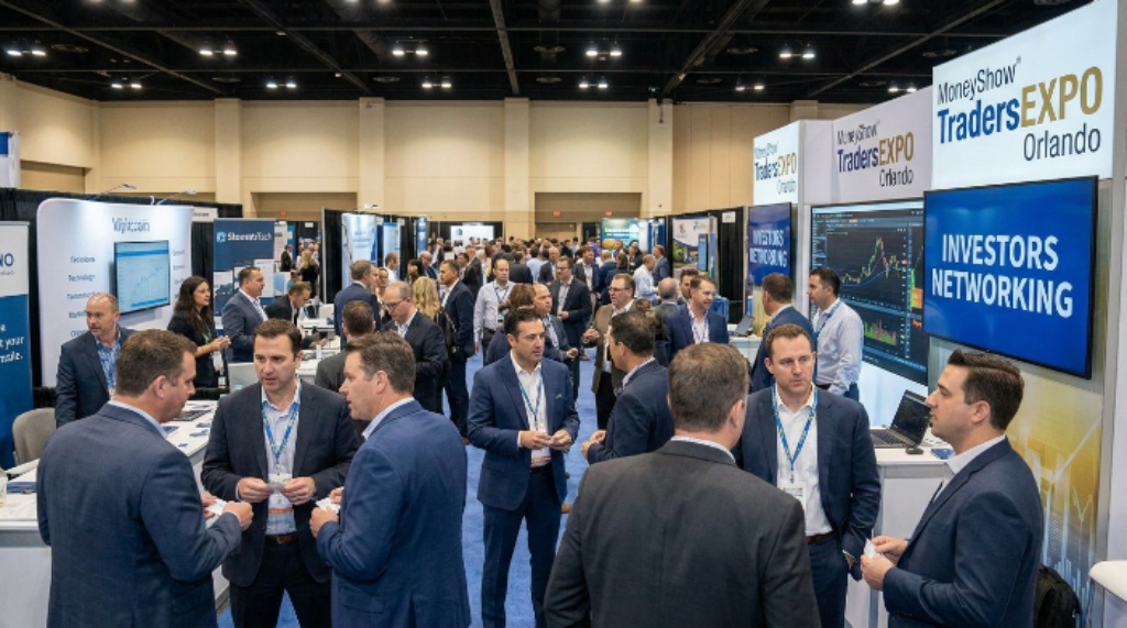 Investors networking at MoneyShow TradersEXPO Orlando exhibit hall
