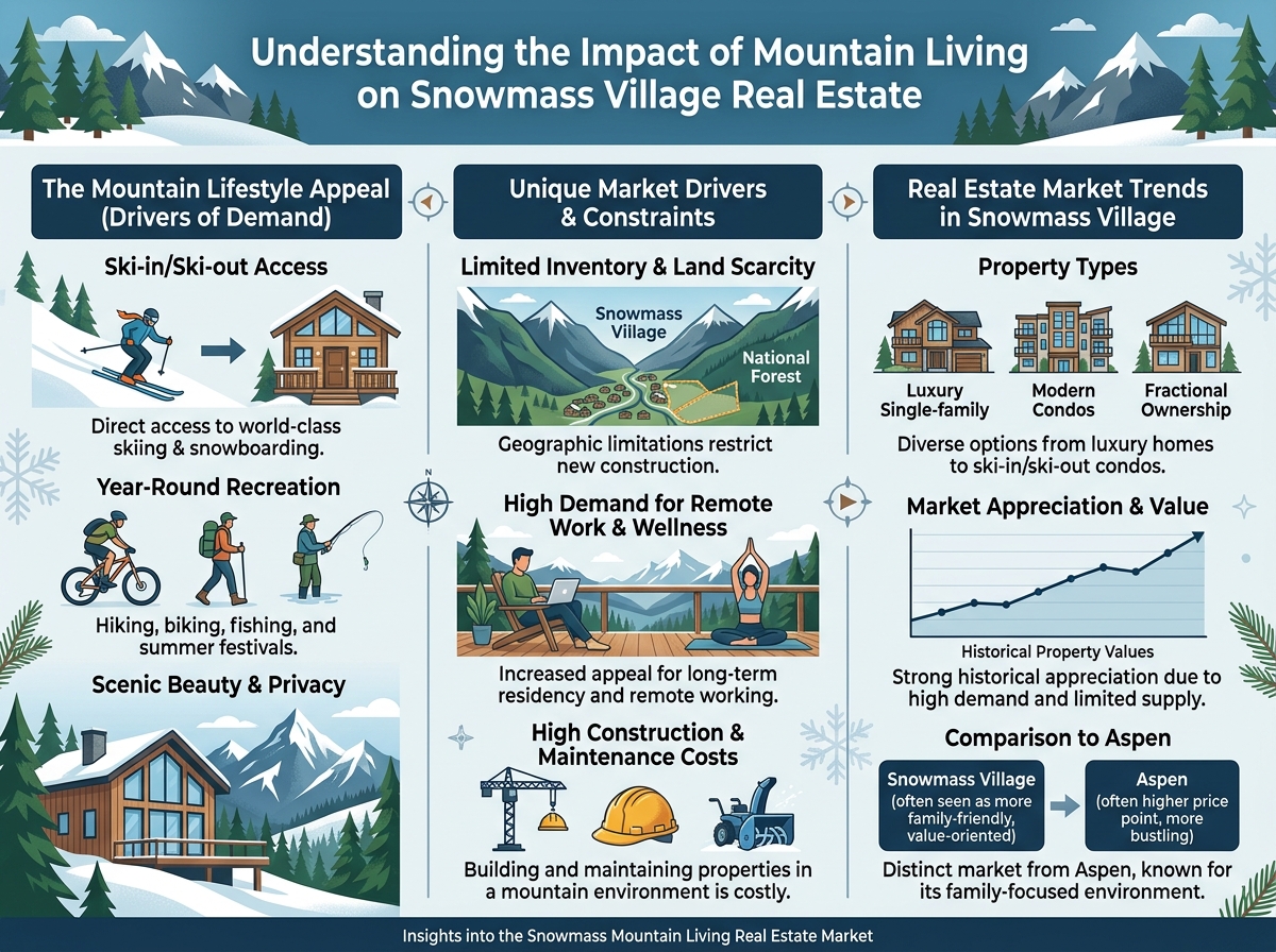 Explore how mountain living shapes Snowmass Village real estate. Learn how elevation, climate, and luxury lifestyle drive property values and local trends.