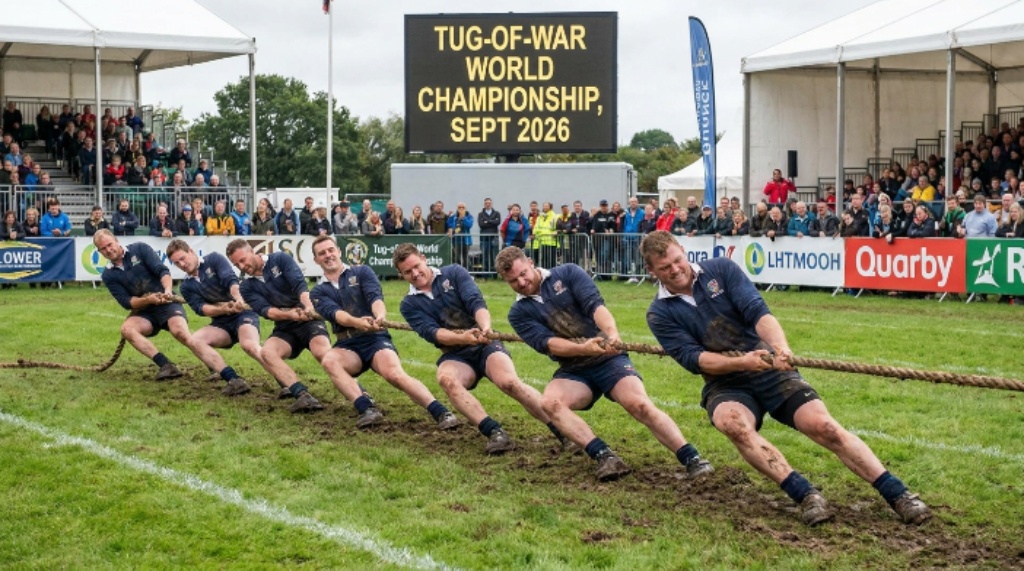 Athletes pulling rope at outdoor tug-of-war world championship September 2026