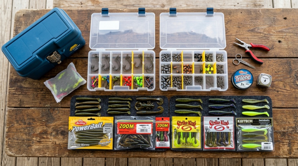 Fisherman inspecting compartments of a compact budget tackle box outdoors.