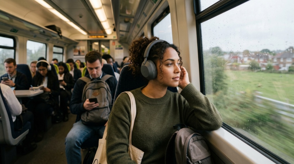 Woman working at a desk wearing ergonomic over-ear headphones for comfort.