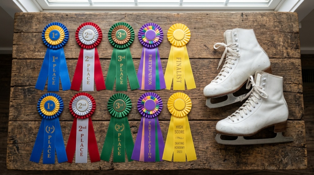 Colorful budget skating ribbons arranged neatly on a wooden table.