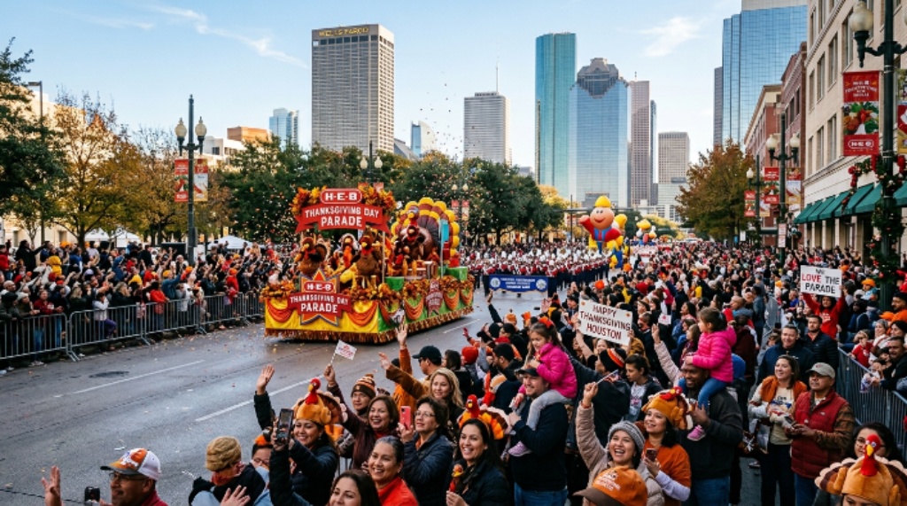 Crowd gathered along the parade route in downtown Houston on Thanksgiving morning