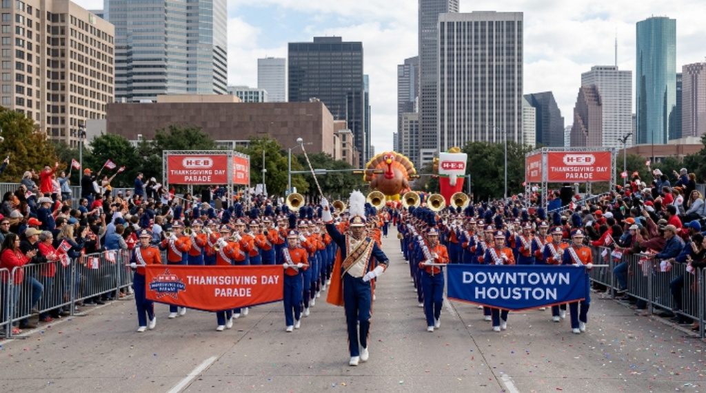 Marching band performing at the H-E-B Thanksgiving Day Parade in downtown Houston