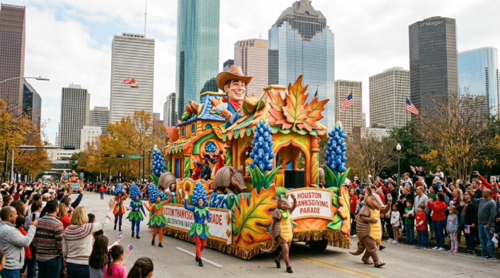 Colorful float passing through downtown Houston during the annual Thanksgiving parade
