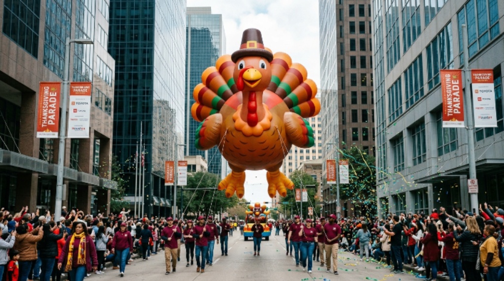 Giant character balloon floating above Smith Street during the Houston Thanksgiving parade