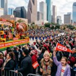 Crowd watching floats during the H-E-B Thanksgiving Day Parade in downtown Houston