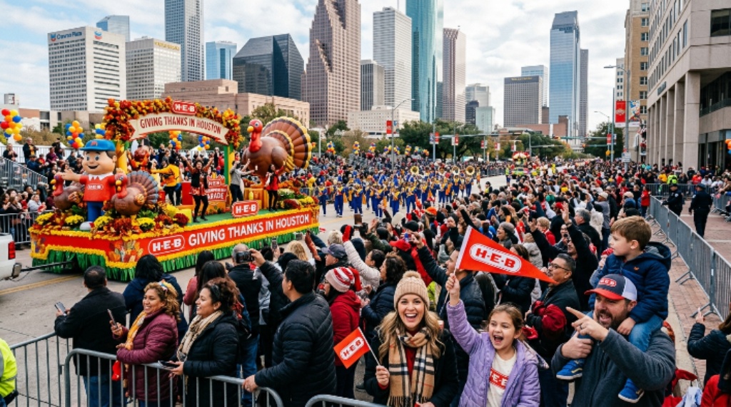 Crowd watching floats during the H-E-B Thanksgiving Day Parade in downtown Houston
