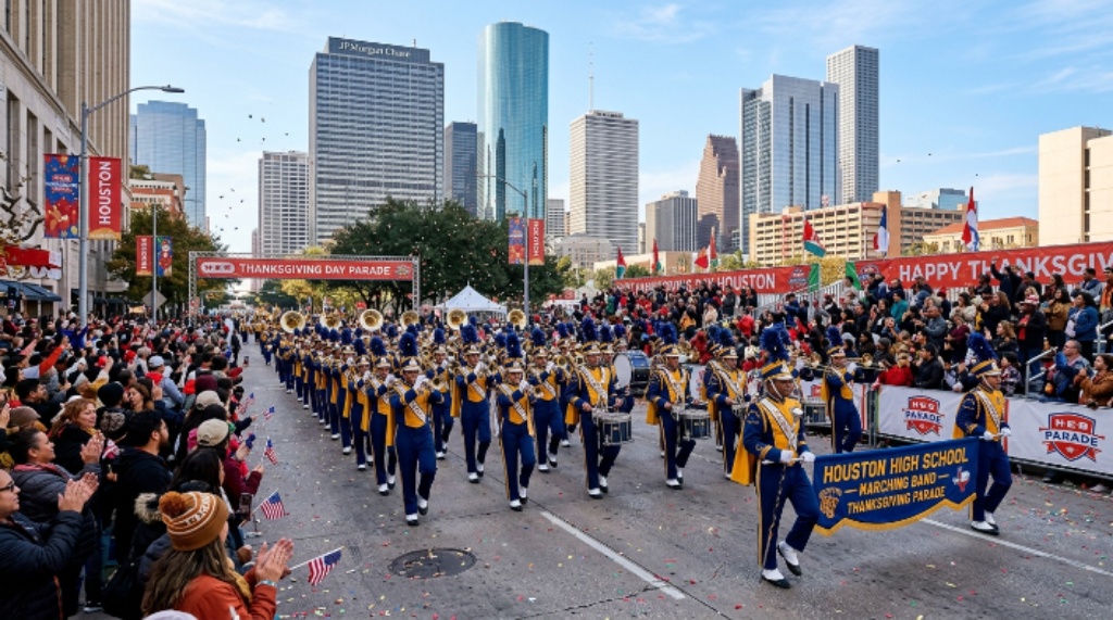 Marching band performing along the downtown Houston parade route on Thanksgiving morning