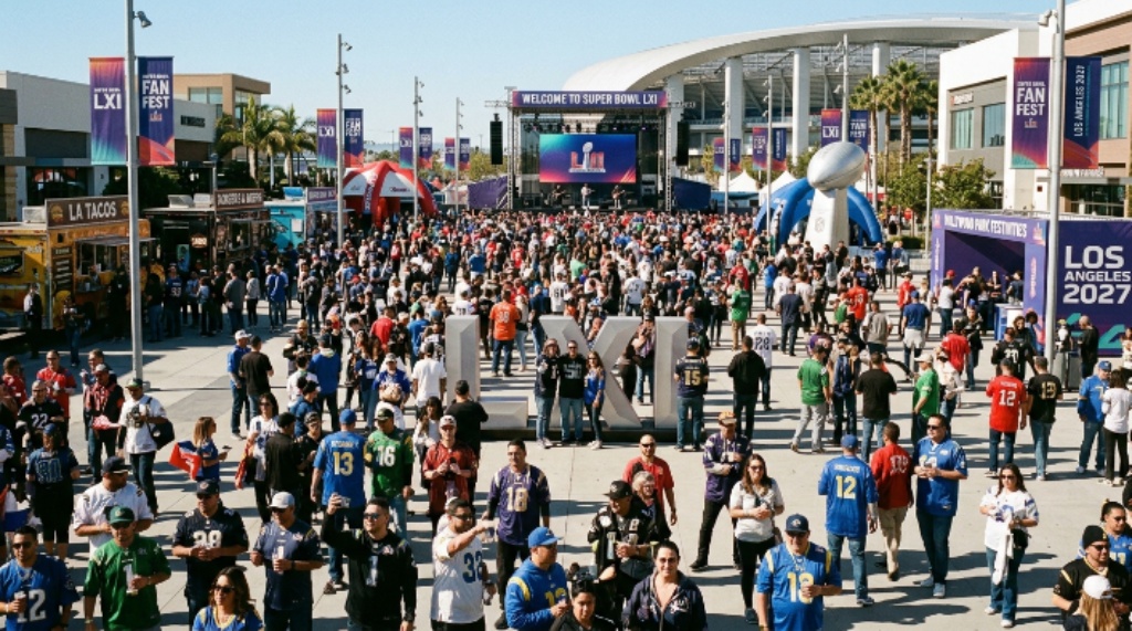 Fans gathering for Super Bowl LXI festivities near Hollywood Park