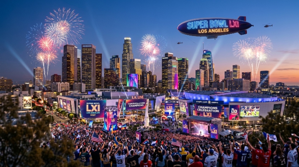 Los Angeles skyline during Super Bowl LXI weekend celebrations
