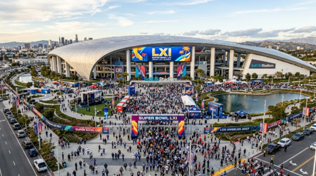 SoFi Stadium exterior ahead of Super Bowl LXI in Inglewood, California