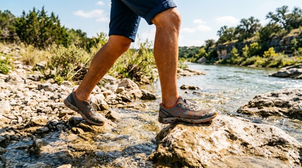 Person wearing affordable water shoes walking along a rocky Texas riverbank.