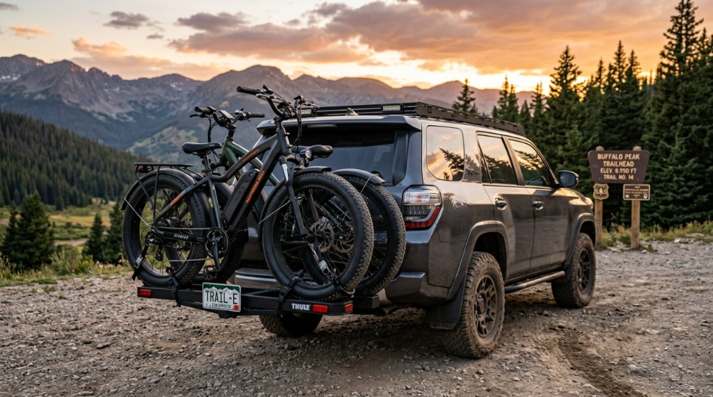 Hitch carrier holding two fat tire bikes on an SUV.