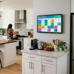 Modern kitchen wall mounted digital calendar display showing family schedule.