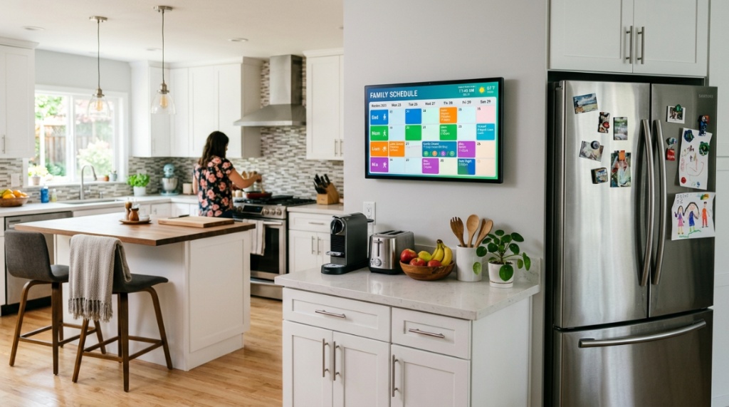 Modern kitchen wall mounted digital calendar display showing family schedule.