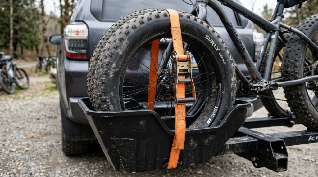 Close-up of a wide wheel tray securing a fat tire.