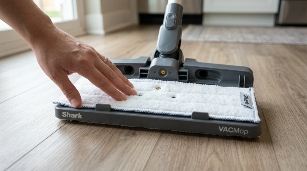 : Aligning new disposable pad onto bottom of Shark VACMop.