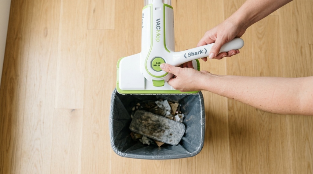 Hands pressing release button to drop dirty Shark VACMop pad.