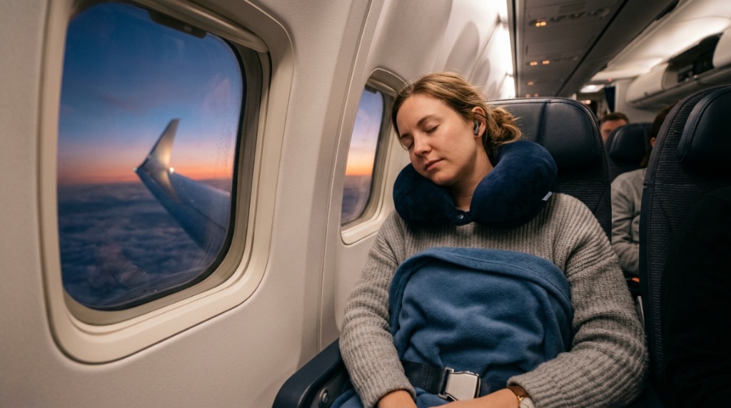 Traveler adjusting a supportive neck pillow in an airplane seat.