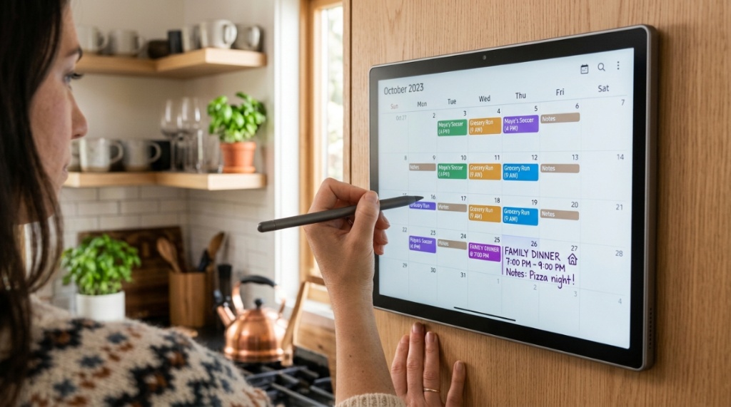 Person updating events on a kitchen smart calendar screen.
