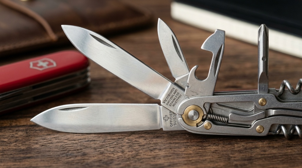Red Swiss Army Knife opened on a wooden desk with EDC gear.