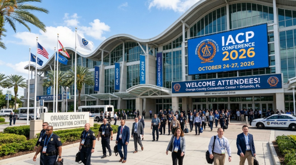 Police chiefs and public safety executives attending workshops and exhibitions at IACP 2026 expo hall
