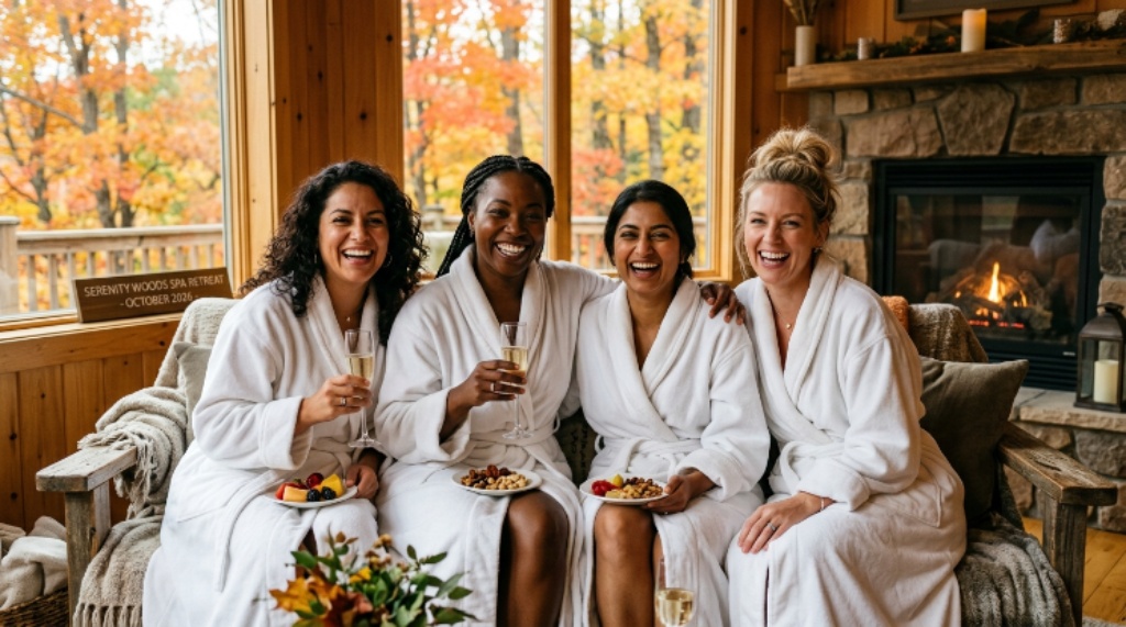 A group of women smiling together during a spa day weekend getaway in October 2026