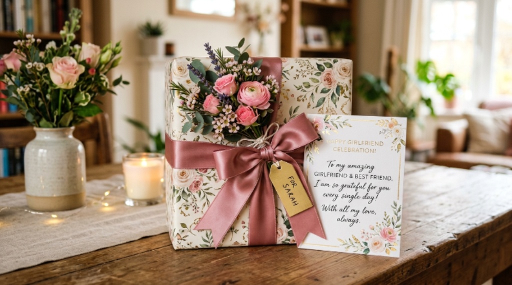 A beautifully wrapped gift box with flowers and a friendship card for the Girlfriend Celebration