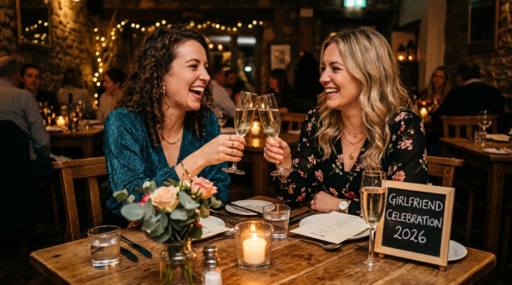 Two women laughing and clinking glasses at a candlelit dinner for Girlfriend Celebration 2026