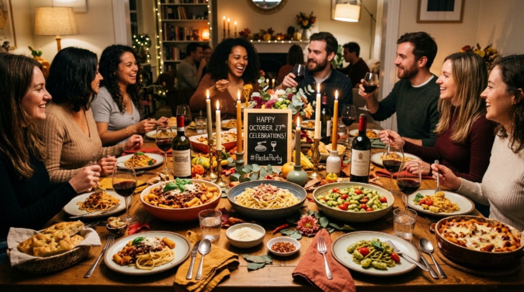A colorful pasta dinner party table set with multiple pasta dishes, candles, and wine glasses for October 27 celebrations