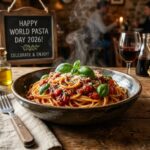 A steaming bowl of spaghetti al pomodoro garnished with fresh basil leaves on a rustic wooden table for World Pasta Day 2026