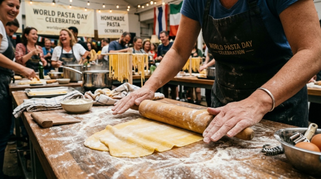Hands rolling fresh homemade pasta dough on a floured surface during a World Pasta Day cooking celebration