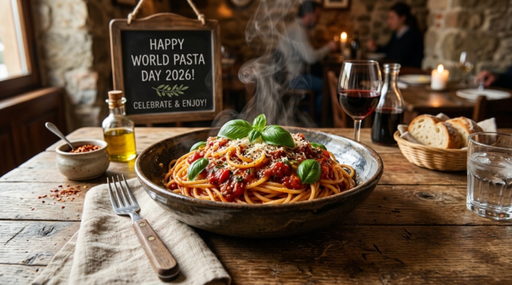 A steaming bowl of spaghetti al pomodoro garnished with fresh basil leaves on a rustic wooden table for World Pasta Day 2026