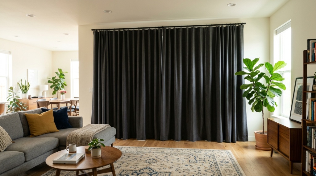 Dark gray blackout curtains covering a large glass sliding patio door.