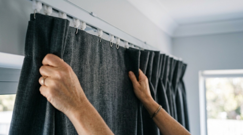 Hands pulling a heavy thermal blackout drape along a curtain track.