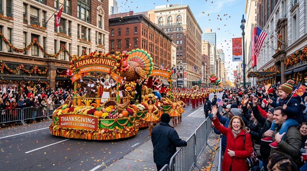 A colorful Thanksgiving parade float moving through a city street surrounded by cheering spectators