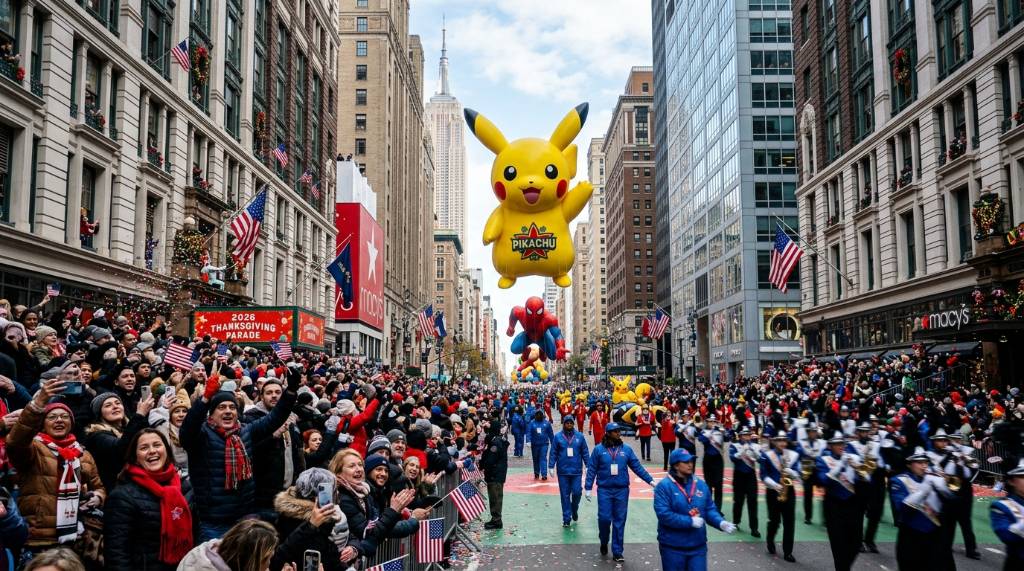 Crowds lining the street to watch giant balloons float past tall buildings during the 2026 Thanksgiving Day Parade