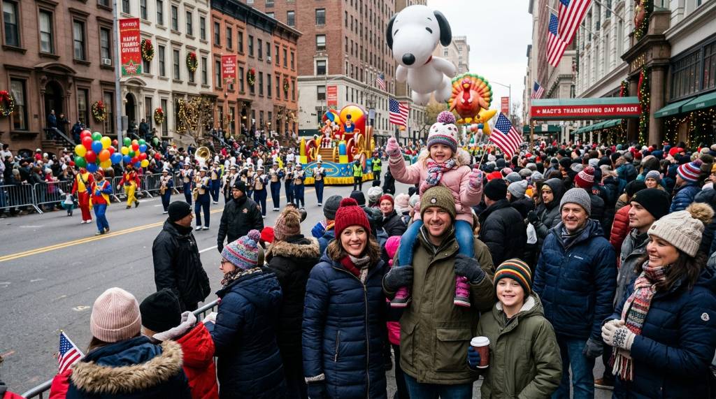 Families bundled in winter coats watching the Thanksgiving parade from the sidewalk on a cold November morning