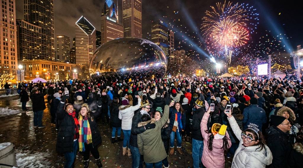 Crowd celebrating New Year's Eve at Millennium Park in Chicago
