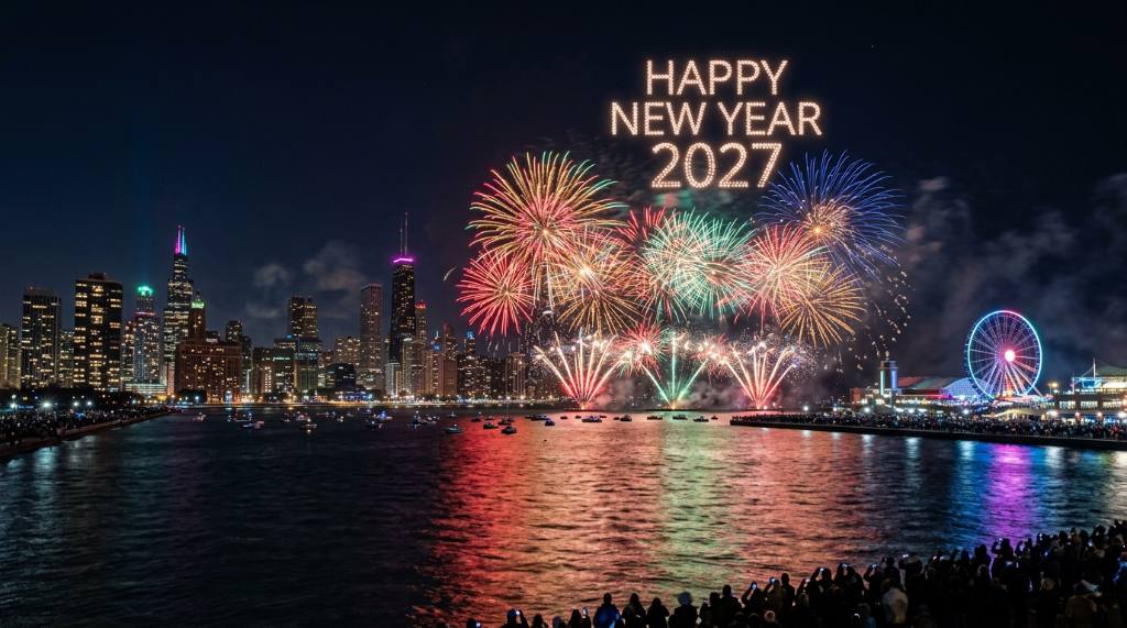 Fireworks over Lake Michigan at midnight on Chicago New Year's Eve 2027