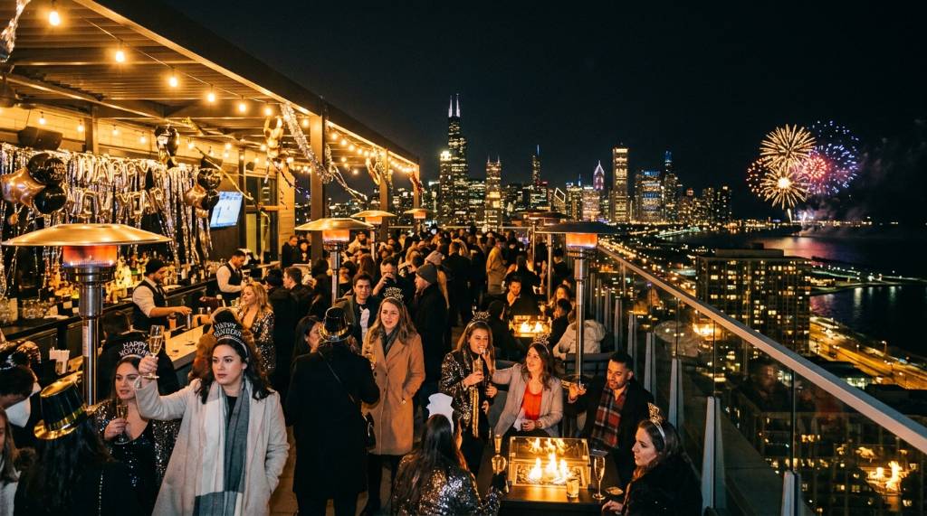 Rooftop bar with Chicago skyline view on New Year's Eve night