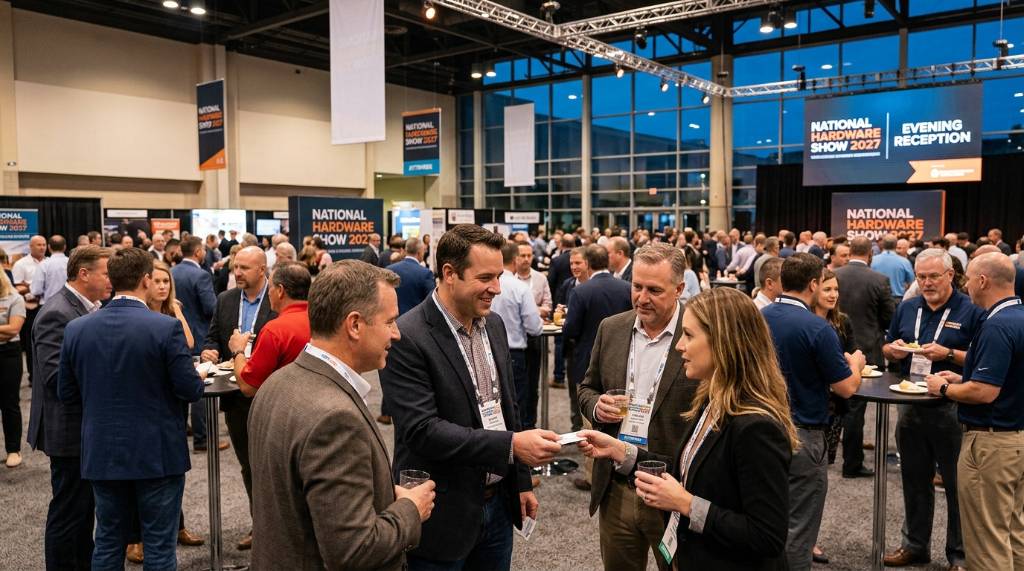 Trade professionals networking and exchanging business cards at the National Hardware Show 2027 evening reception event