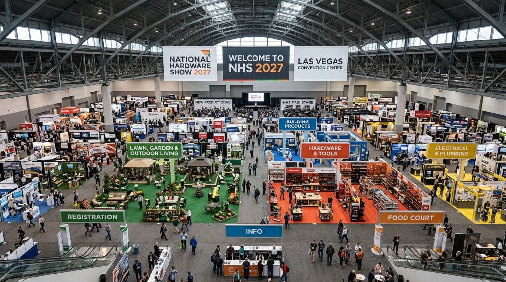 Aerial view of the National Hardware Show 2027 floor plan at the Las Vegas Convention Center with exhibitor booths and product zones clearly visible