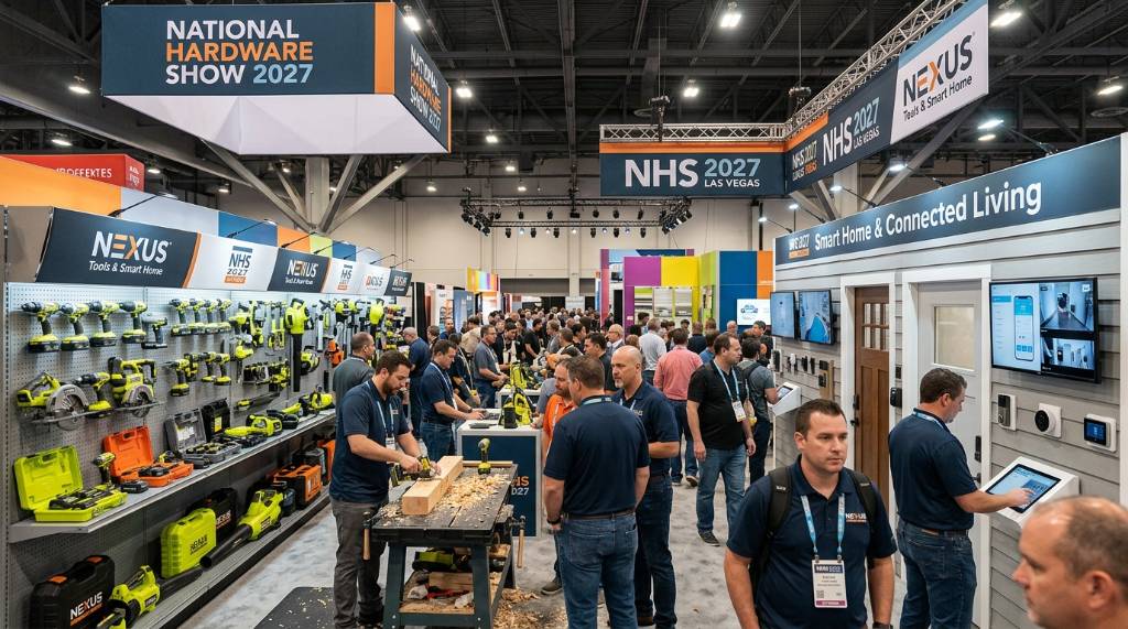 Display of power tools and smart home devices at an exhibitor booth during the National Hardware Show 2027 in Las Vegas