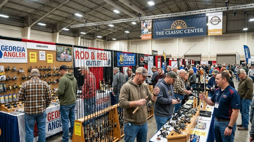 Visitors browsing rods and reels at a vendor booth in The Classic Center, Athens