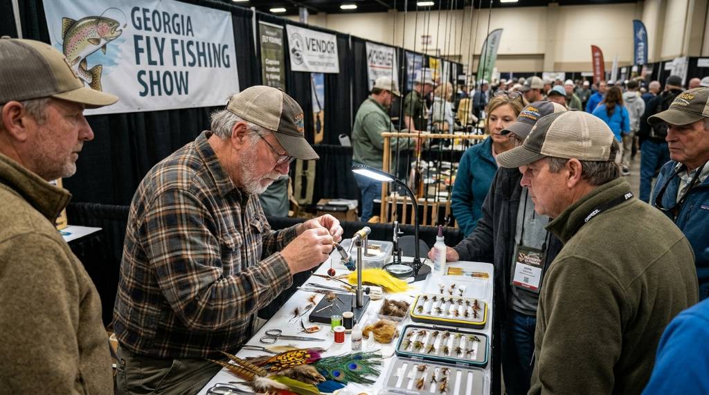 Fly tier building a trout fly at a demo bench during the Georgia fly fishing show